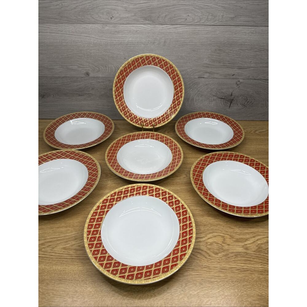Highgate Manor Royal Tiara Red & Gold Diamond 8.5” Rimmed Soup Bowl~7 Pc Set